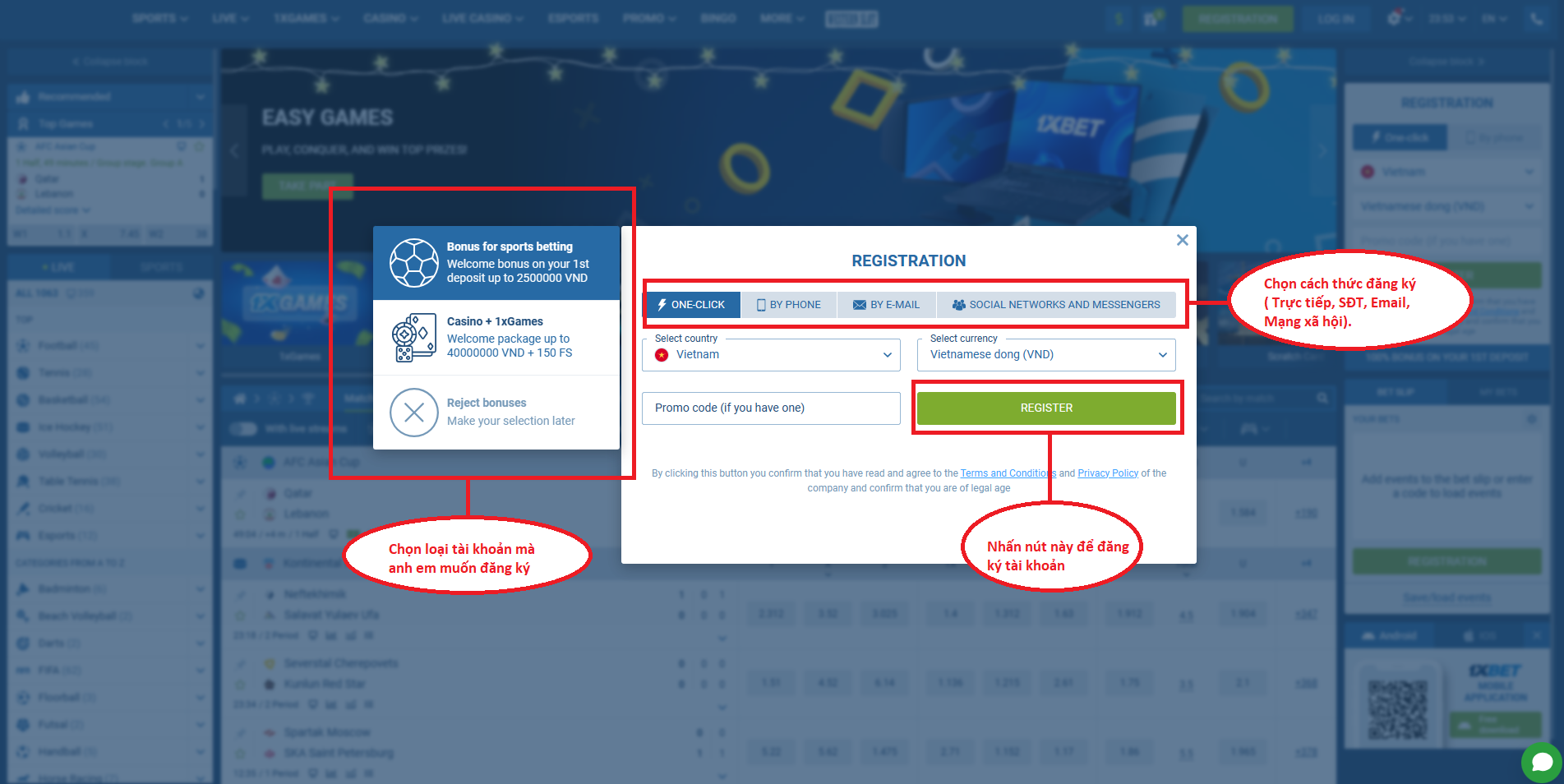 Menu đăng ký và tiền thưởng chào mừng sòng bạc