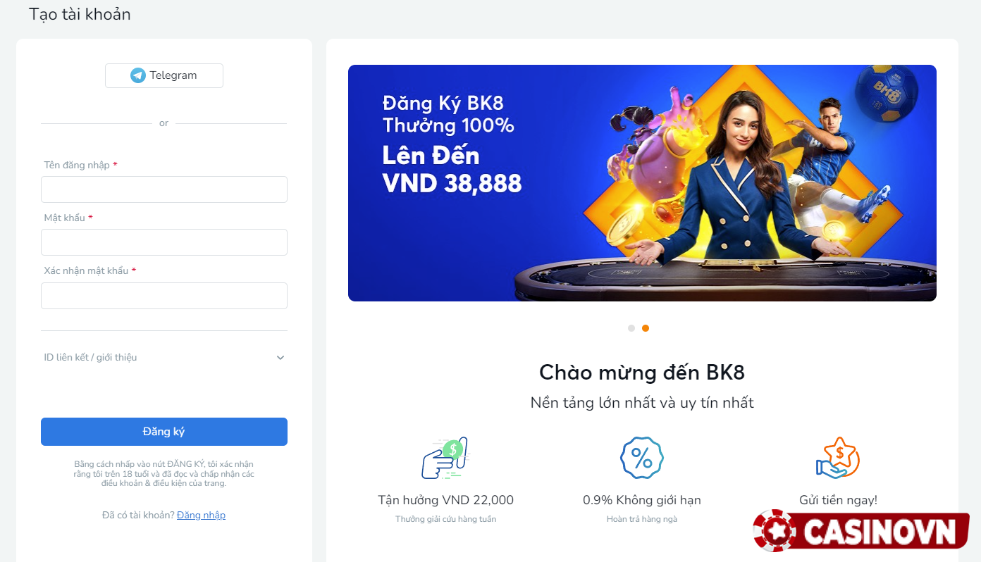 Đăng ký vào sòng bạc BK8