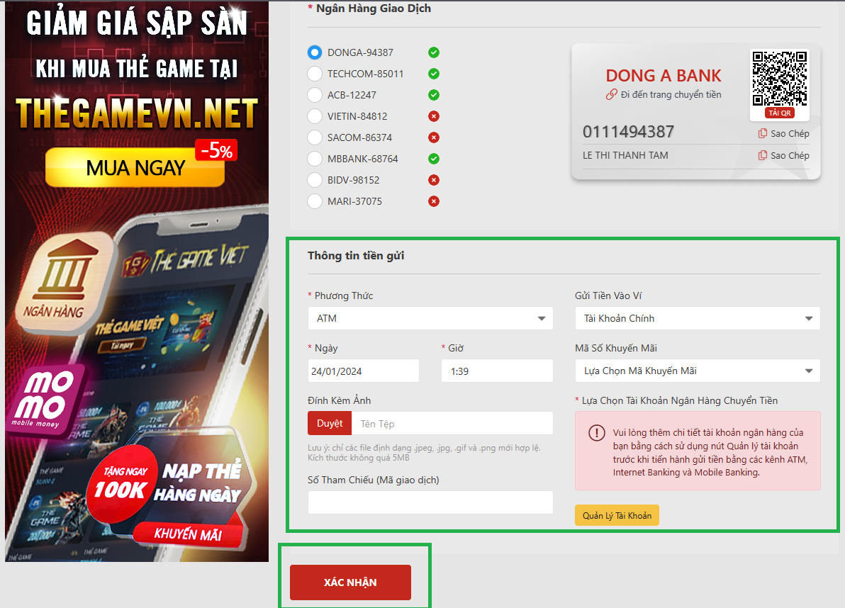 Mẫu thông tin gửi tiền vào VN88