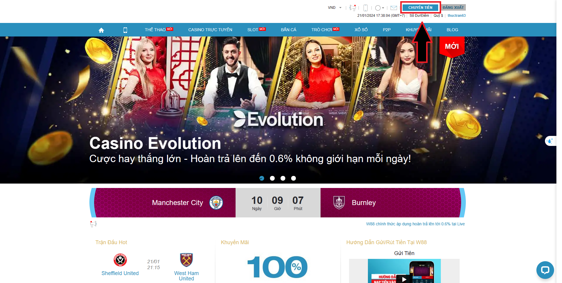 Cách nạp tiền vào ví tại văn phòng nhà cái W 88